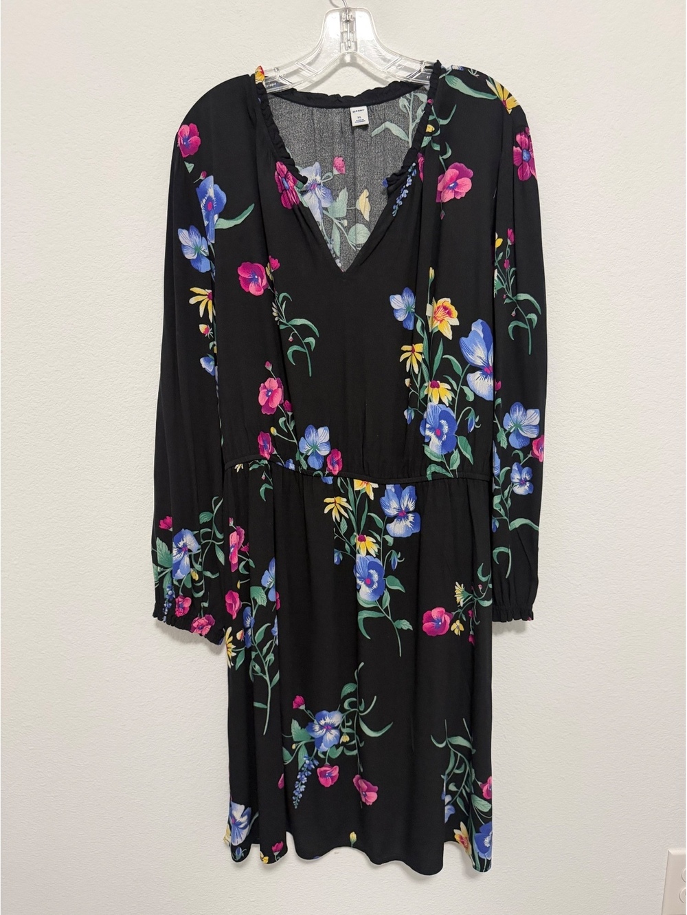 Old Navy V-Neck Long Sleeve Colorful Floral 100% Rayon Tunic Dress Size XL